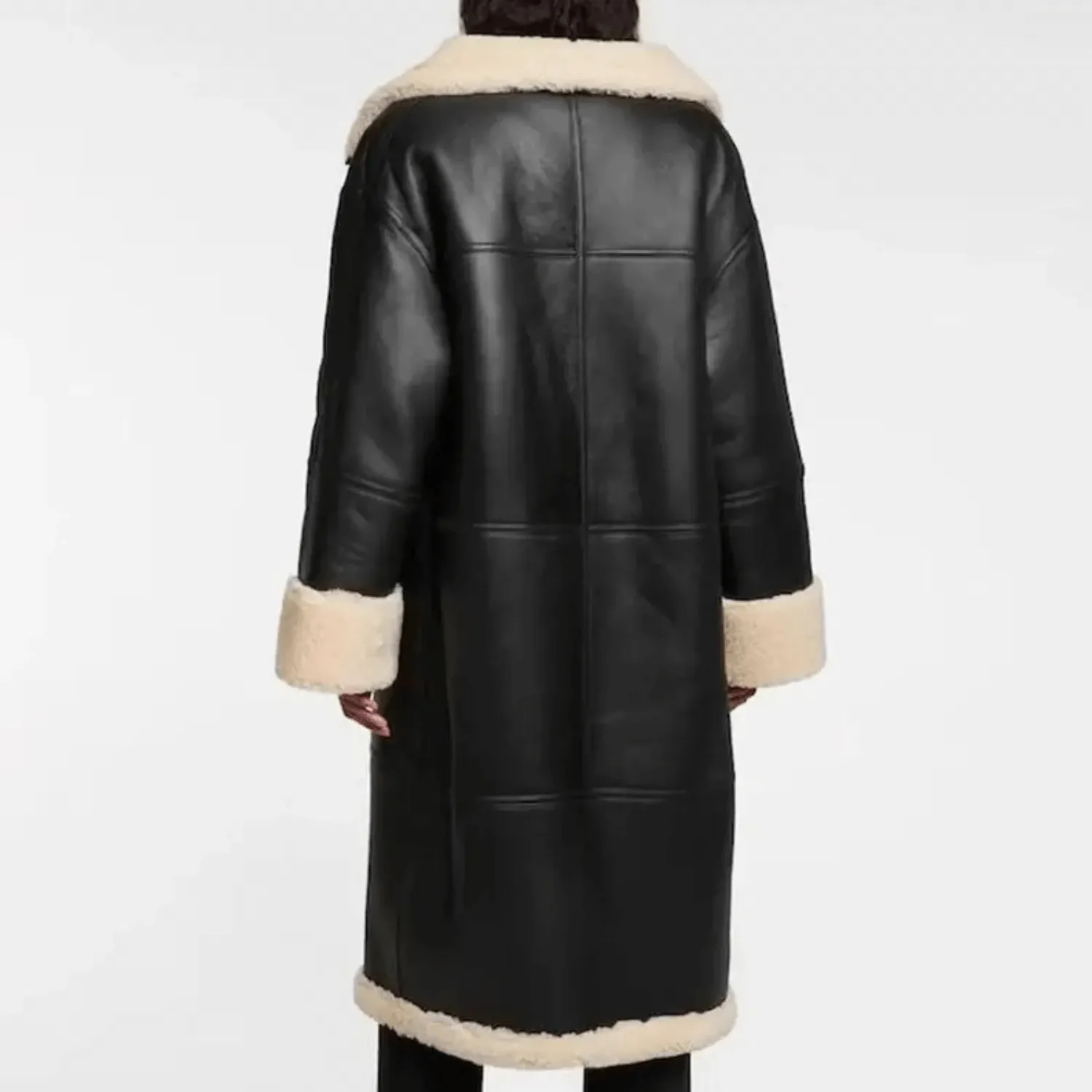 Black Women’s Shearling Bomber Aviator Leather Coat — image 2