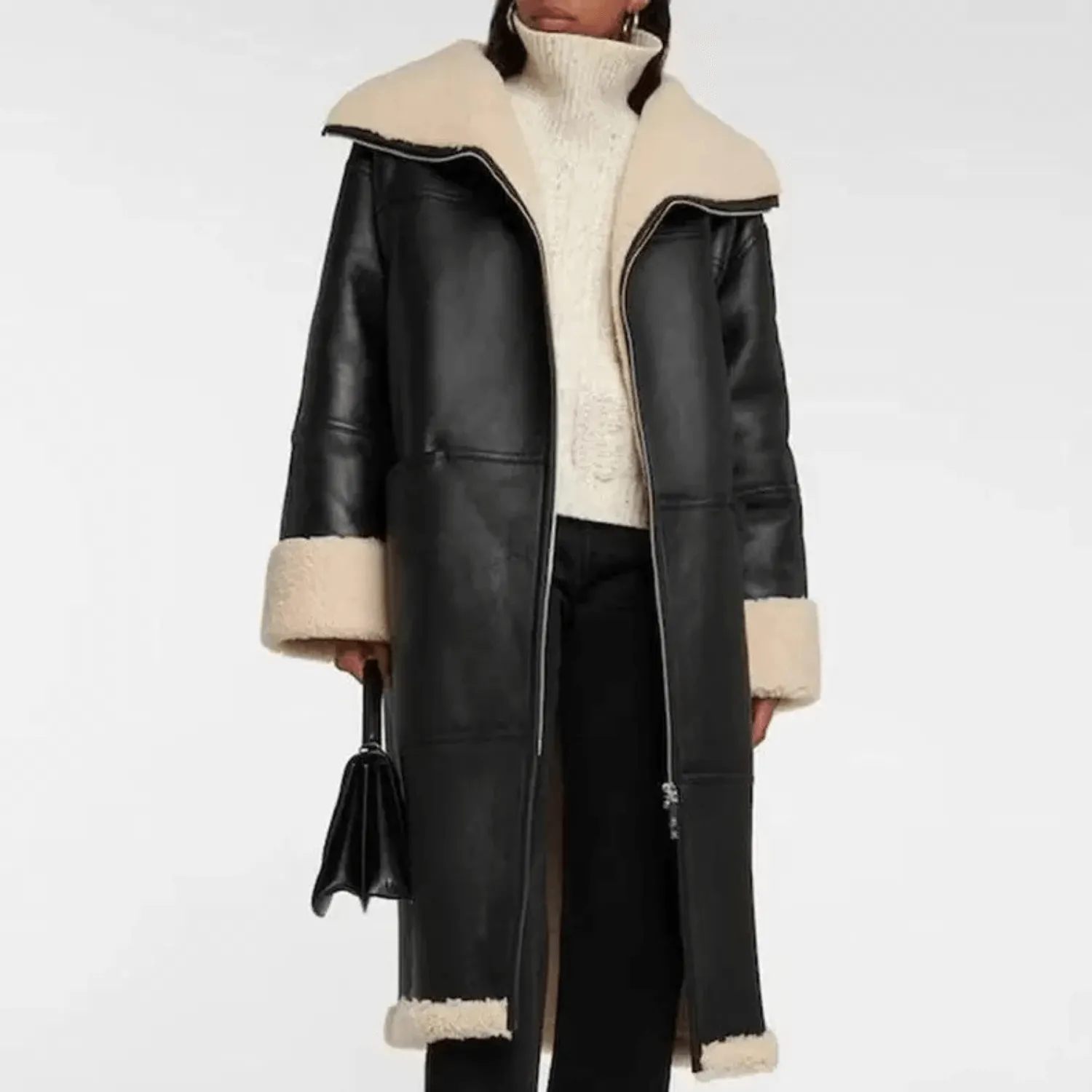 Black Women’s Shearling Bomber Aviator Leather Coat