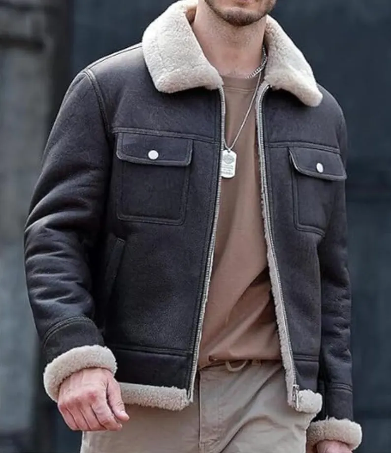B3 RAF Black Men’s Shearling Bomber Leather Jacket