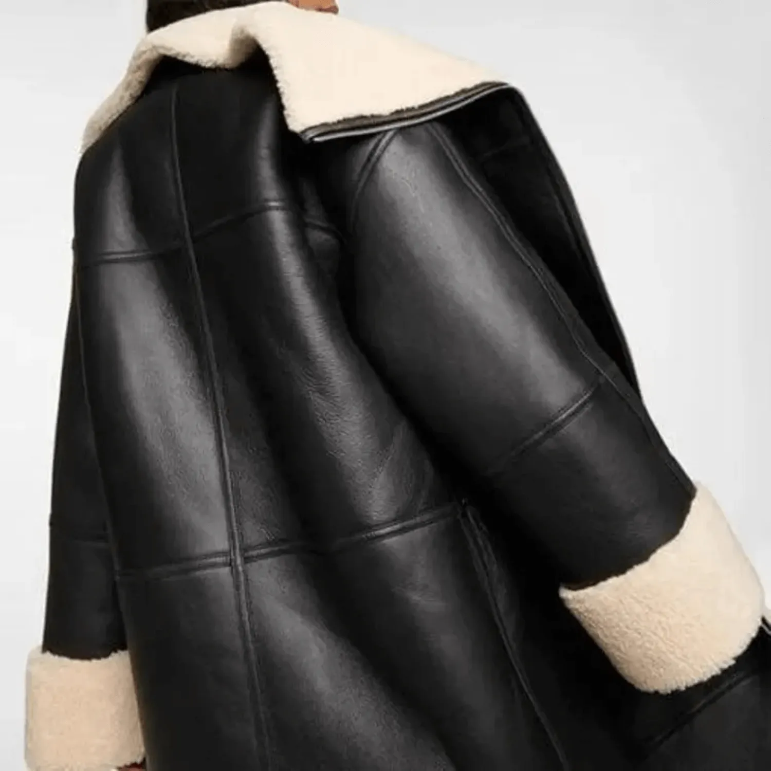 Black Women’s Shearling Bomber Aviator Leather Coat — image 5