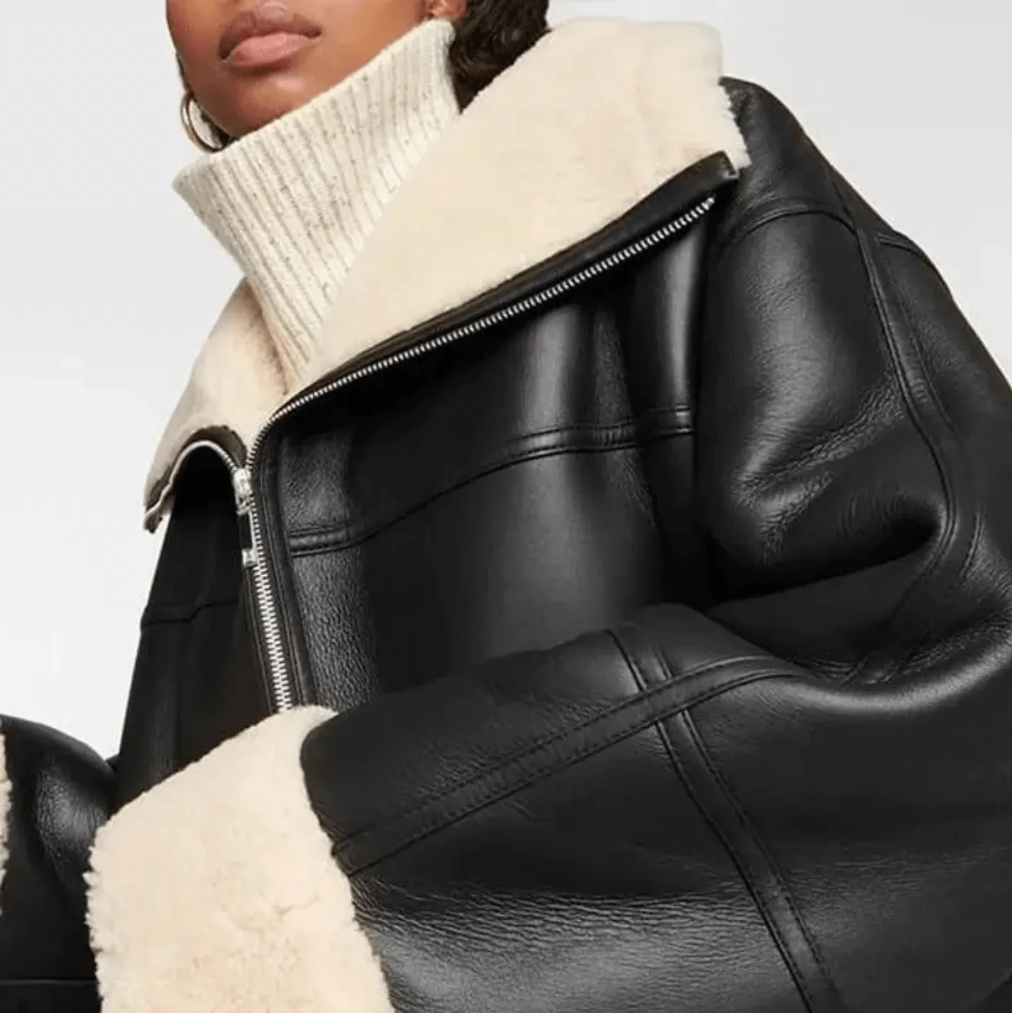 Black Women’s Shearling Bomber Aviator Leather Coat — image 3